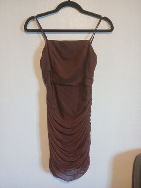 Sleek Chocolate Ruched Midi Dress with Spaghetti Straps
